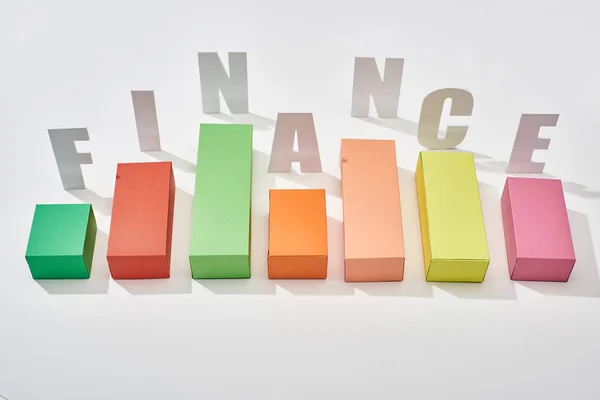 finance inscription near color block chart with shadow on white background