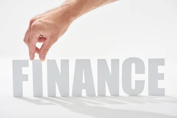 Cropped View Man Holding Letter Finance Inscription White Background — Stock Photo, Image