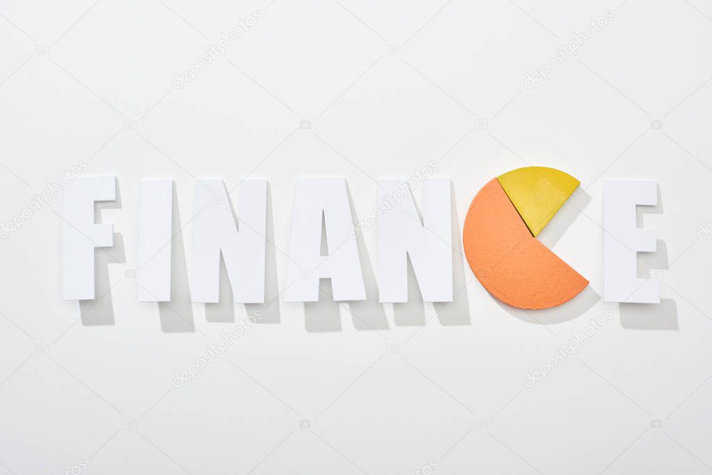 top view of finance inscription with yellow and orange pie diagram instead e letter on white background