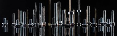 panoramic shot of diverse spotless metallic screws isolated on black clipart