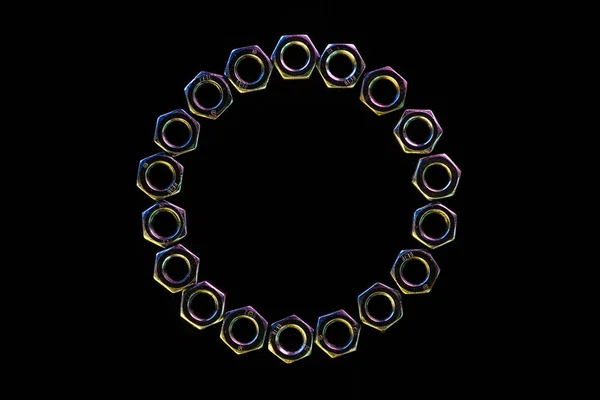 Närbild Stålmuttrar Cirkel Isolerad Svart Med Kopierings Utrymme — Stockfoto
