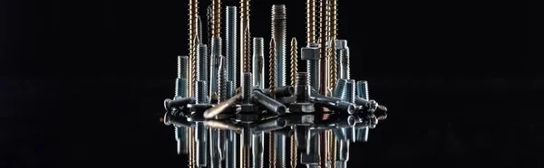 Panoramic Shot Various Shiny Metallic Screws Isolated Black Copy Space — Stock Photo, Image