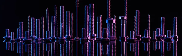 Panoramic Shot Diverse Purple Metallic Screws Isolated Black — Stock Photo, Image