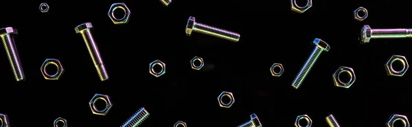 Panoramic Shot Scattered Metal Nuts Bolts Pattern Isolated Black — Stock Photo, Image