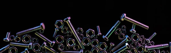 Panoramic Shot Scattered Steel Nuts Bolts Isolated Black Copy Space — Stock Photo, Image