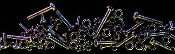 Panoramic Shot Scattered Steel Bolts Nuts Isolated Black — Stock Photo, Image