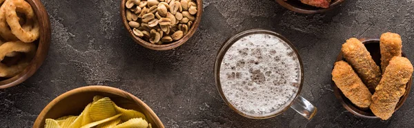 Panoramic Shot Mug Light Beer Peanuts Crisps Brown Textured Surface — Stock Photo, Image