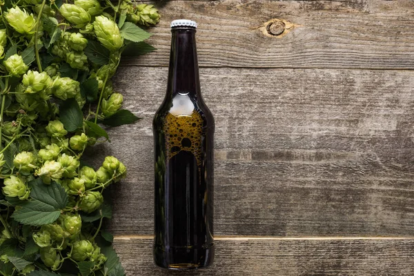 Vista Superior Cerveza Botella Oscura Con Lúpulo Verde Sobre Mesa —  Fotos de Stock
