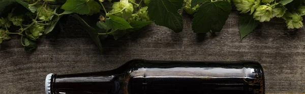 Вид Зверху Пиво Коричневій Пляшці Біля Хопу Дерев Яному Фоні — стокове фото