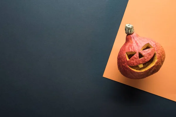 Top View Spooky Halloween Pumpkin Orange Black Background — Stock Photo, Image