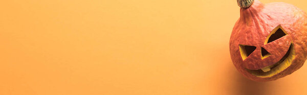 panoramic shot of Halloween pumpkin on orange background