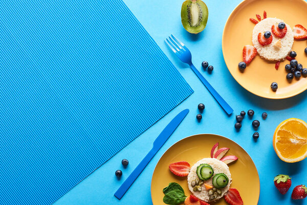 top view of plates with fancy animals made of food on blue background