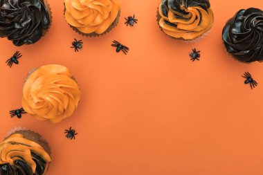 kopya alanı ile turuncu arka plan üzerinde örümcekler ile lezzetli Halloween cupcakes üst görünümü