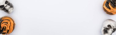 kopya alanı ile beyaz arka plan üzerinde lezzetli Halloween cupcakes ve kafatasları üst görünümü, panoramik çekim