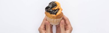 beyaz, panoramik çekim izole lezzetli Halloween cupcake tutan kadın kısmi görünümü