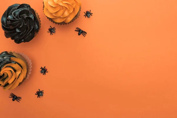Прекрасный Вид Вкусные Кексы Хэллоуин Пауками Оранжевом Фоне Копировальным Пространством — стоковое фото