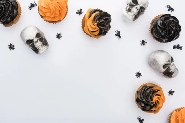 コピースペースと白い背景にクモと頭蓋骨とハロウィーンカップケーキのトップビュー — ストック写真