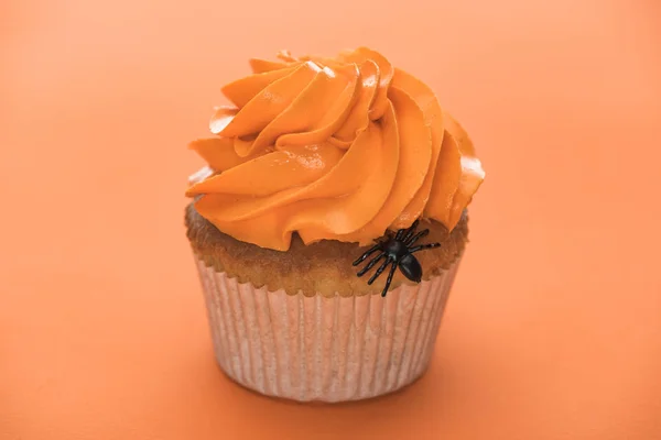 Effrayant Cupcake Halloween Avec Araignée Sur Fond Orange — Photo
