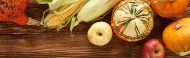 kahverengi ahşap yüzeyde ham tatlı mısır, kabak ve elma panoramik çekim