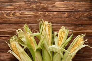 top view of uncooked sweet corn on wooden surface with copy space clipart