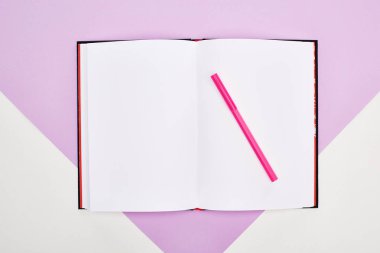 mor ve beyaz arka plan üzerinde keçeli kalem ile açık boş dizüstü üst görünümü