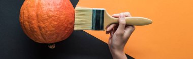 siyah ve turuncu arka planda balkabağı yakınında paintbrush tutan kadın panoramik çekim