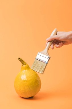 turuncu arka plan üzerinde sarı boyalı kabak yakınında paintbrush tutan kadın kırpılmış görünümü