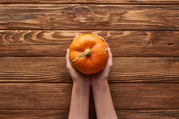 Cropped View Woman Holding Small Ripe Pumpkin Wooden Surface — Stock Photo, Image
