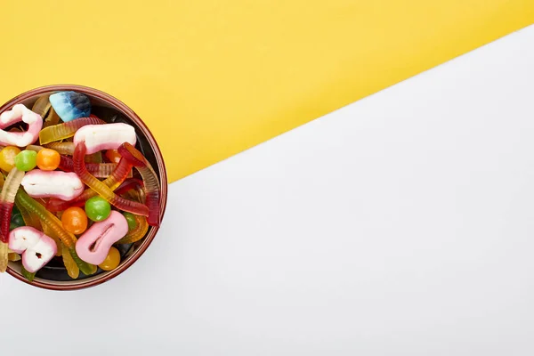 Top View Colorful Gummy Sweets Bowl Yellow White Background Halloween — Stock Photo, Image