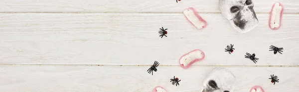 Top View Gummy Teeth Skulls Spiders White Wooden Table Halloween — Stock Photo, Image