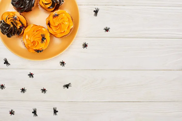 Top View Orange Plate Cupcakes Spiders White Wooden Table Halloween — Stock Photo, Image