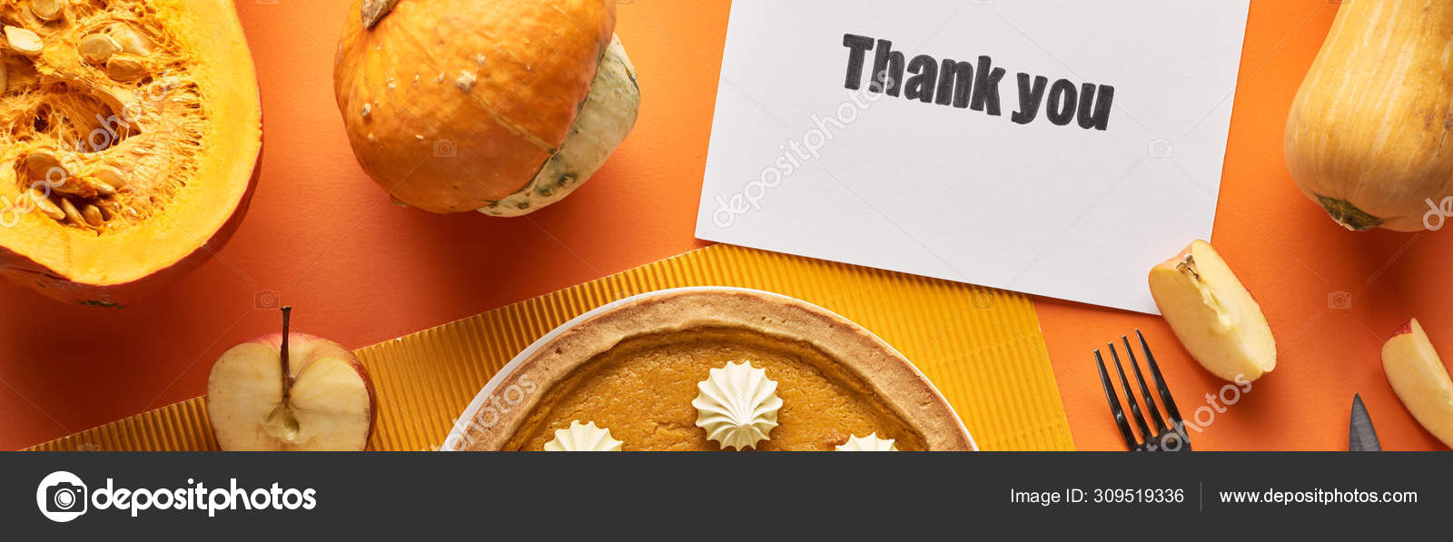 Top View Pumpkin Pie Thank You Card Orange Background Apples — Stock