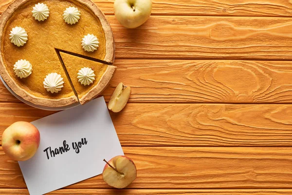 Top View Pumpkin Pie Thank You Card Wooden Table Apples — Stock Photo, Image