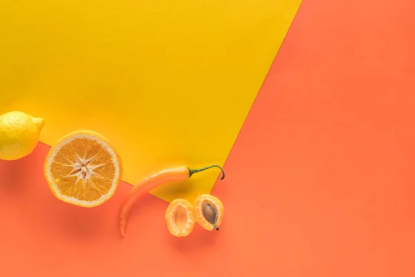 Top View Delicious Fruits Vegetables Yellow Orange Background Copy Space — Stock Photo, Image