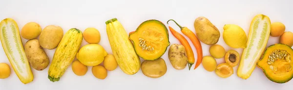 Top View Yellow Fruits Vegetables White Background Copy Space Panoramic — Stock Photo, Image