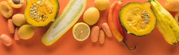 Top View Yellow Fruits Vegetables Orange Background Panoramic Shot — Stock Photo, Image