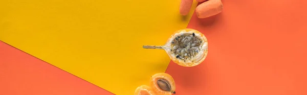 Felülnézet Ízletes Gyümölcsök Zöldségek Sárga Narancssárga Háttér Másolási Hely Panoráma — Stock Fotó