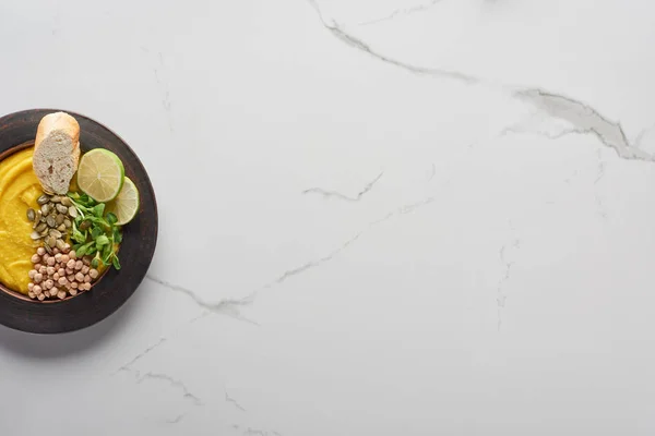 Top View Autumnal Mashed Pumpkin Soup Marble Table — Stock Photo, Image