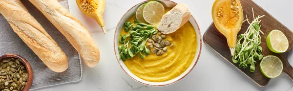 Panoramic Shot Autumnal Mashed Pumpkin Soup Marble Surface Bread Ingredients — Stock Photo, Image