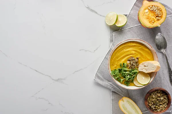 Top view of autumnal mashed pumpkin soup on marble surface — Stock Image Top View Autumnal Mashed Pumpkin Soup Marble Surface Royalty Free Stock Photos