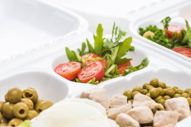 Sebzeli, etli ve salatalı ekolojik paketin beyaz arka planda seçici odağı 