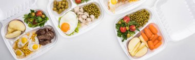 panoramic shot of eco packages with apples, vegetables, meat, fried eggs and salads on white background  clipart