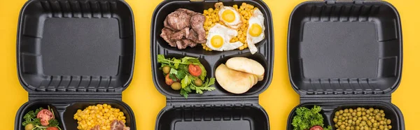 Panoramisch Shot Van Eco Pakketten Met Groenten Appels Vlees Gebakken — Stockfoto