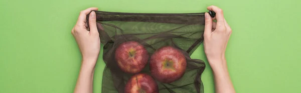 緑のパノラマショットに隔離された環境に優しいバッグにリンゴを保持している女性のトリミングビュー — ストック写真