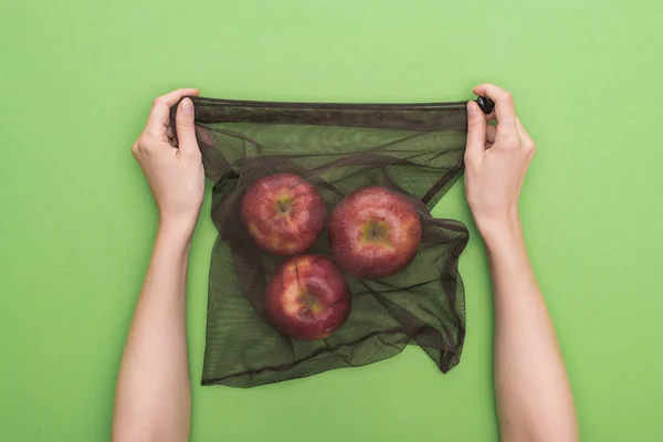 Partial View Woman Holding Red Ripe Apples Eco Friendly Bag — Stock Photo, Image