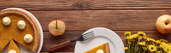 Panoramic Shot Delicious Pumpkin Pie Whipped Cream Fork Cut Whole — Stock Photo, Image