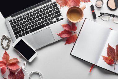 Akıllı telefon, kahve fincanı, kozmetik, kulaklık, gözlük, defter ve kırmızı üzüm yapraklarının yanındaki dizüstü bilgisayarın beyaz masa üzerindeki görüntüsü.
