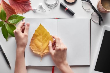 Sarı ve kırmızı yaprakların yanındaki kadın elleri, defter, kozmetik, dijital tablet, gözlük ve kulaklıklar beyaz masada.