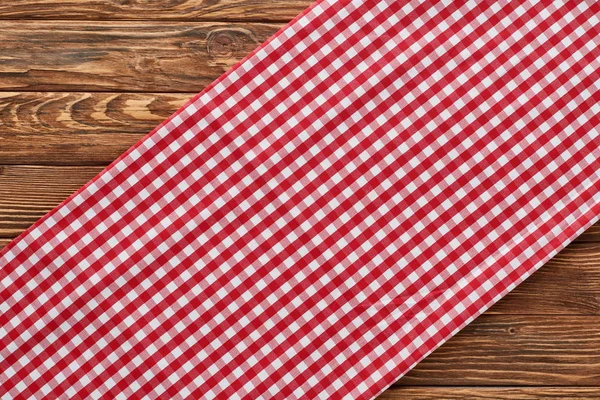 Top View Red Plaid Napkin Wooden Table — Stock Photo, Image