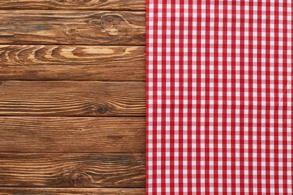 Top View Red Plaid Napkin Wooden Table — Stock Photo, Image